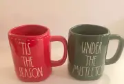 Rae Dunn UNDER THE MISTLETOE & TIS THE SEASON Green/Red Coffee Mugs LL Xmas NEW