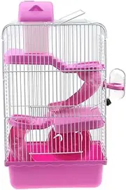 EXHUMKY Luxury Three Layer Villa Cage for Small Pets Durable Portable Hamster House with Fun Slide Design Leakproof Water Jug Running Wheel Pink for Chinchillas and Hamsters