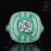 Lab Created Sirius Diamond and Emerald Art Deco Style Halo Ring in Silver925