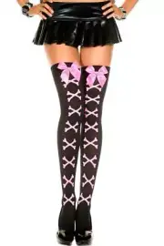 sexy MUSIC LEGS skull CROSSBONES opaque BOW top THIGH highs HI stockings PIRATE