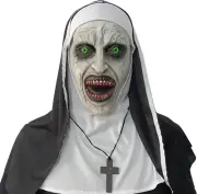 Halloween Nun Scary Face Mask, Full Head Costume Latex Mask with Cross Necklace