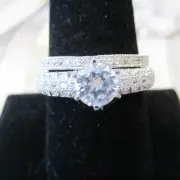 CZ Stone Micro Paved Astori Cut 2 Ring Wedding Set Silver Rhodium Sz 5,6,7,8,9
