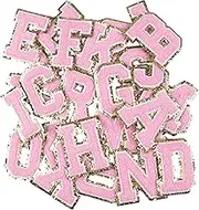 Chenille Letter Patches Iron On, Varsity Letters Patch for Clothing Jacket English A-Z Alphabet Embroidered Appliques with Gold Glitters Border (Pink)