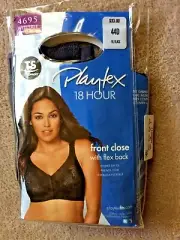 Playtex 44D Black 18 Hour Front Close Soft Cup Bra with Flex Back # 4695 NWT