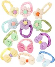 Hoement 12pcs Ponytail Holders Floral Hair Accessories for Elastic Hair Ropes with Bow Design for Parties Birthdays and School Activities