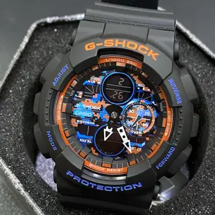 G-SHOCK 都市霓虹燈設計鬧鈴/計時碼錶/世界時區/防水200米雙顯電子錶（黑X藍橘迷彩）_ GA-140CT-1A