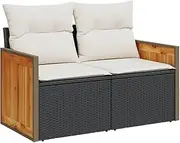 vidaXL Black Poly Rattan Patio 2-Seater Sofa Couch - Garden Bench with Cream Cushions and Modular Design for Outdoor Use