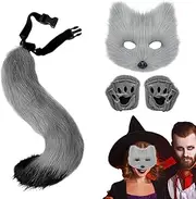 [Generic] Wolf Cosplay,Faux Wolf Masquerade Costume | Furry Cat Tail And Paw Gloves Set, Faux Wolf Masquerade Costume Fun For Halloween Parties And Events