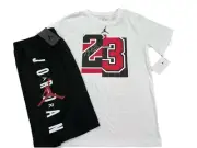 NWT NIKE AIR JORDAN BOY’S 2 PC SET WHITE SHORT SLEEVE BLACK MESH SHORTS XL 13-15