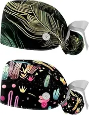 [YTYVAGT] 2-Pc,Nurse Scrub Caps,Scrub Hats with Buttons and Cotton Sweatband,Black Background Peacock Feather