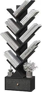 9 Tier Tree Book Shelf with Drawer, Floor Standing Bookshelf Storage Organizer Bookshelves for Books/CDs, 9 Shelf Narrow Bookcase for Sturdy Room, Bedroom, Living Room, Black