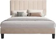 Royal Sleep Bed Frame Queen Bella Velvet Headboard Base Wooden USB Fabric Beige