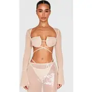 Petite Nude Sequin Cup Deatil Crop Top With Mesh Sleeves, Nude
