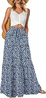 [QIXING] Womens Boho Skirts High Waisted Flowy Maxi Summer Skirts Trendy Floral Cute Long Skirts with Pockets