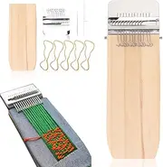 Omabeta Set of 1 Mini Weaving Loom Kit with 1 Wooden Board 1 Hook Plate 1 Needle 1 Crochet Hook and 5 Rubber Bands, 12 Hooks Speedweave for Beginners, Lightweight Repair Tool for Weaving Repair Projects