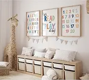 Pennclys Kids Playroom Wall Art Decor Alphabet Poster Play Room Canvas Wall Decor ABC Nursery Wall Art 123 Toddler Poster Let's Read for Boy Girl Room 12x16 Inch Unframed Set of 3