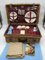 Vintage Wicker Picnic Basket Set Brexton Thermos Plates Utensils MCM ENGLAND New