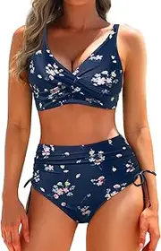 [Aqua Eve] Women High Waisted Bikini Twist Front Swimsuits Lace up Bikini Tops Ruched Push up 2 Piece Bathing Suits