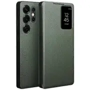 QIALINO Compatible For Samsung Galaxy S25 Ultra Case View Window Genuine Cow Leather Flip Phone Cover Green