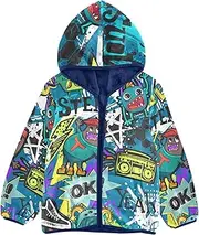 [GuoChe] Toddler Girl Fleece Jacket 1970s Disco Retro Grunge Graffiti Girl Outerwear Jacket Navy Blue Stylish Baby Boy