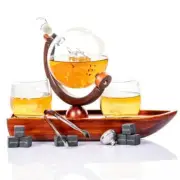 Don Vassie globe decanter set with 2 glasses and a boat shaped mahogany woode...