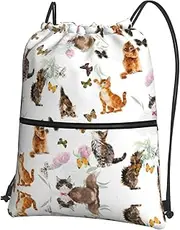 EdWal Cute Kitten Butterfly Print Drawstring Backpack Gym Bags Sports Bags With Zipper Pocket For Travel Beach, Black, One Size