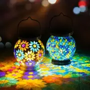 VOREEN 2 Pack Mosaic Solar Lanterns, Outdoor Glass Hanging Lights, Solar Tabl...