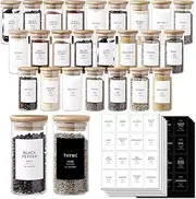 CZZGSM 24 Pcs Glass Jars With 296 Spice Labels Preprinted of White and Black Color- 4oz Thicken(2.4mm) Empty Small Herb Seasoning Containers With Bamboo Airtight Lids