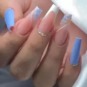 Coffin Press on Nails Long Fake Nails Long Coffin White & Blue Rhinestones