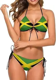 [SKT T1] Women's Jamaica Flag Bikini Sets Halter Tops and Tie Side Bottoms Underwear Swimsuit 2 Piece Bathing Suits