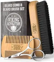 Beard Brush and Comb Set for Men - All Natural Boar Bristle and Bamboo Brush and Pear Wood Comb w/ Cotton Travel Pouch and Gift Box by Viking Revolution - Great for Grooming Beards and Moustache