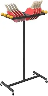 Commercial Ping Pong Paddle Storage Cart, Rolling Table Tennis Racket Holder Organizer Standing Shelf with Wheels, Black Metal Rack Balls Display Stand for School Workou