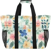 [sanluoli] Tote Bag Collapsable Beach Bag Sandproof Canvas Laundry Totes, Watercolor Art Green Leaves Flower, 1 size