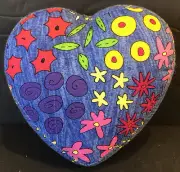 Pin cushion Homemade Patchwork Heart Blue Red Yellow Floral 4” Wide