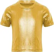 [FEESHOW] Kids Girls Metallic Shirts Shiny Dance Crop Top Turtleneck Short Sleeve Tops Dance Costume for Hip Hop Festivals Dancing