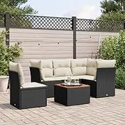 6 Piece Garden Sofa Set with Cushions - Black Poly Rattan Outdoor Furniture for Patio, Balcony, or Porch - Comfortable, Durable, Modular Design with UV-Resistant Wicker and Acacia Wood