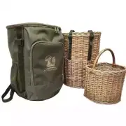 Mushroom foraging backpack, rucksack with two wicker baskets for picking morels.
