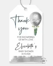12 White Thank You Baby Shower Favour Gift Tags Oh Baby Personalised Silver