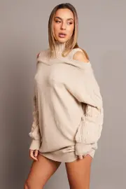 Beige Knit Dress High Neck Jumper Mini - Size M, Women's Knit Dress