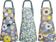 3 Pack Floral Aprons with Pocket, Blooming Womens Aprons Waterproof Adjustable Cooking Aprons for Kitchen Gardening and Salon