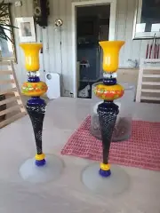 BEAUTIFUL IOAN NEMTOI STUDIO HAND BLOWN ART GLASS PAIR OF CANDLESTICKS