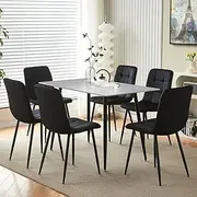 Modern Black Marble Dining Table Set with Velvet Chairs High Gloss Rectangular Kitchen Table for Home Office Living Room 6 Piece Set