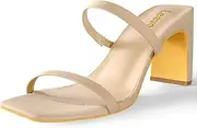[Leevar] Square Toe Heels Sandals - White Black Nude Heels Chunky Two Strap Low Heels for Women Leather Mule Sandals Slip On Block Heels for Party Dating Daily Standard Size 2.75 Inch