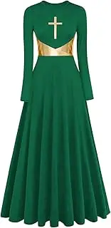 [ELLYDOOR] Womens Metallic Cross Worship Praise Dance Dress Full Length Lyrical Dancewear Church Liturgical Robe Dress