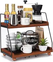 Youngcafe 2 Tier Coffee Bar Accessories and Organizer Shelf,Wooden Coffee Station Organizer for Countertop Coffee Bar Decor,Coffee Syrup Canisters Cups Rack for Bathroom,Kitchen