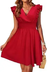 [Generic] Women's Ruffle Cap Sleeve V Neck a Line Mini Dress