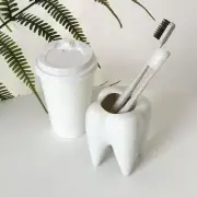 White Ceramic Molar Toothbrush Holder -Kids and Dentist Teeth Love Brushed -US