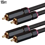 15FT 2 RCA Male to Male 2-Channel Stereo Audio Speaker Cable Cord Braided Gold