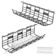 2 Pack Under Desk Cable Management Tray, Large Metal Cord Organizer, Black