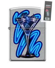 Zippo 203686 Blue Cocktail Martini Glass Chrome Lighter + FLINT PACK